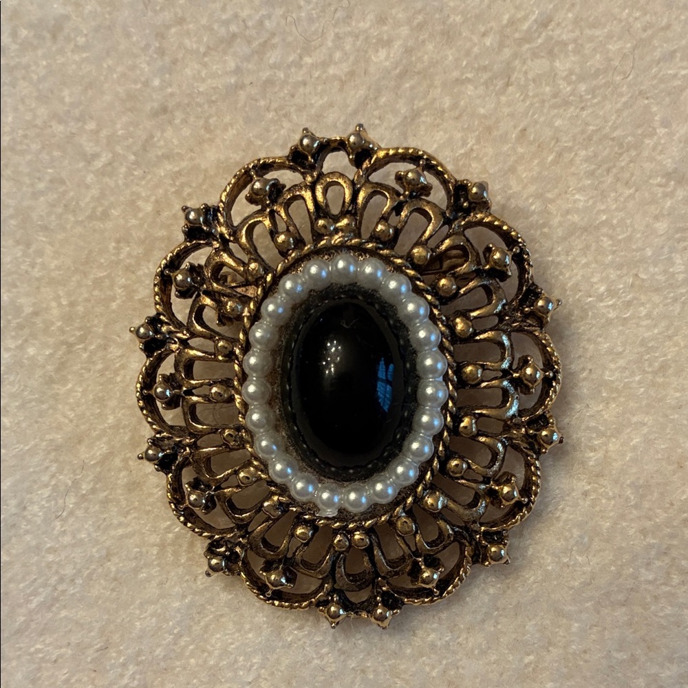 Vintage black and pearl lacy brooch